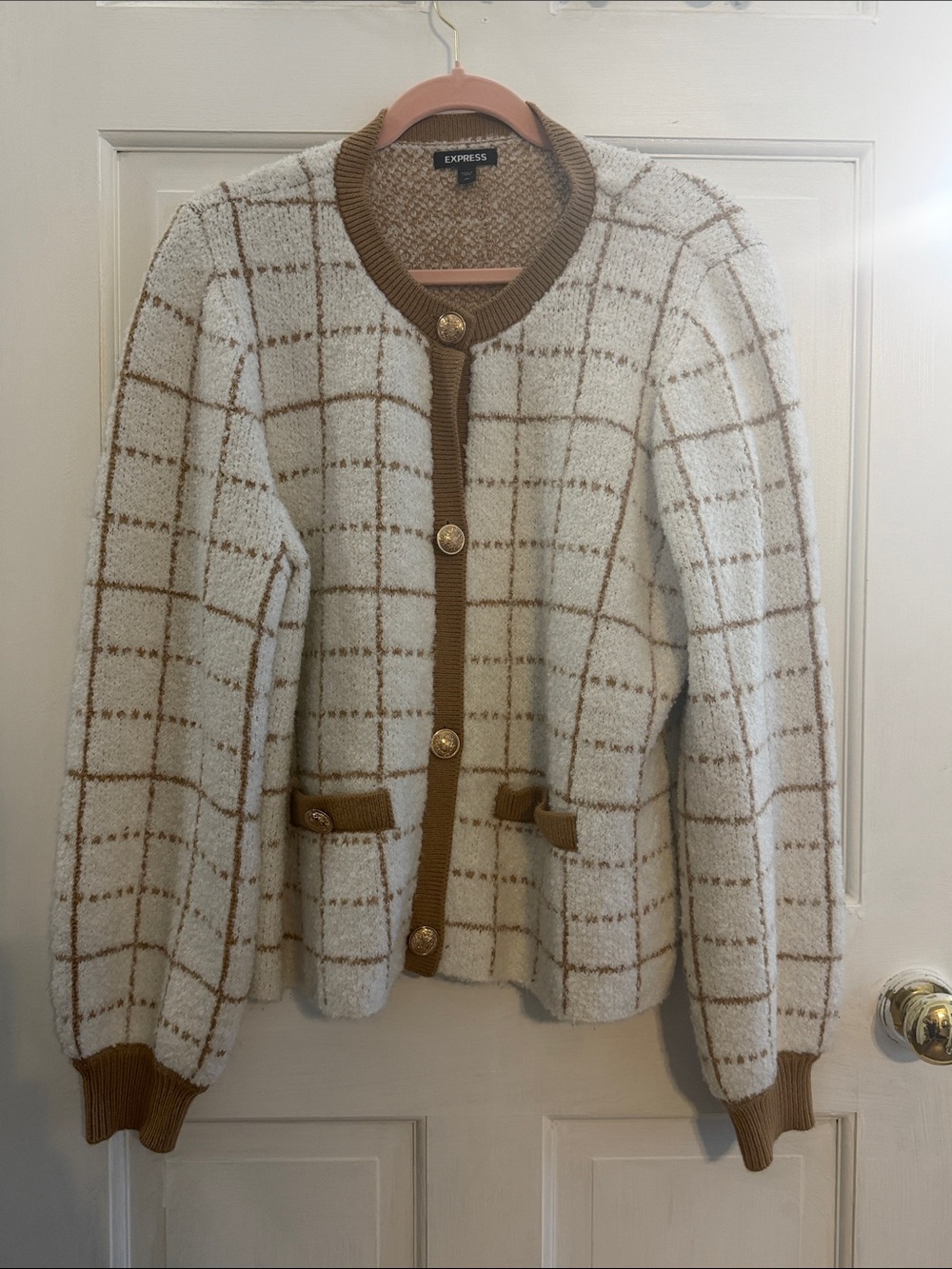 Express Cream & Camel Windowpane Knit Cardigan with Gold Buttons